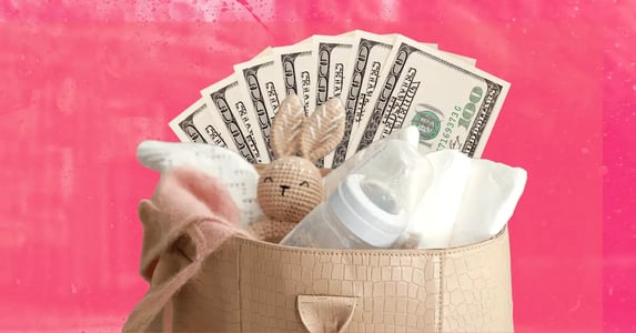 A crocodile purse filled with a stuffed bunny, a baby bottle, diapers, and one-hundred-dollar bills.